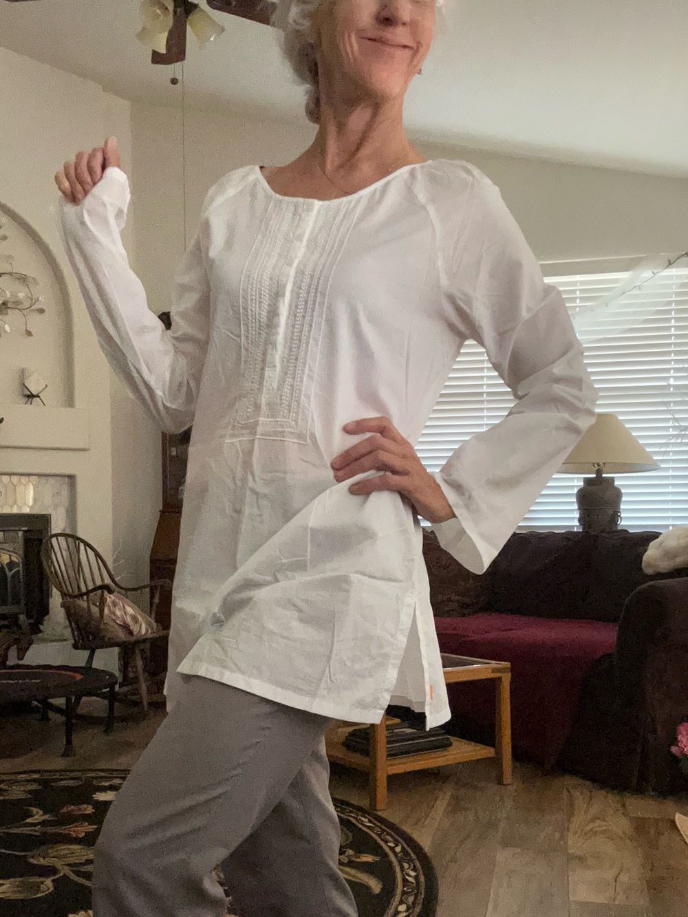Lucy White Embroidered Pintuck Tunic Top